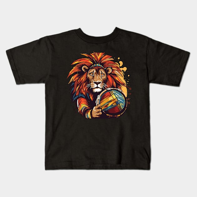 Lion playing drums Kids T-Shirt by Graceful Designs